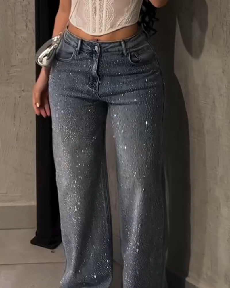 Diamond-Studded Straight-Leg Jeans (Pre-Sale)-Curvy-Faja
