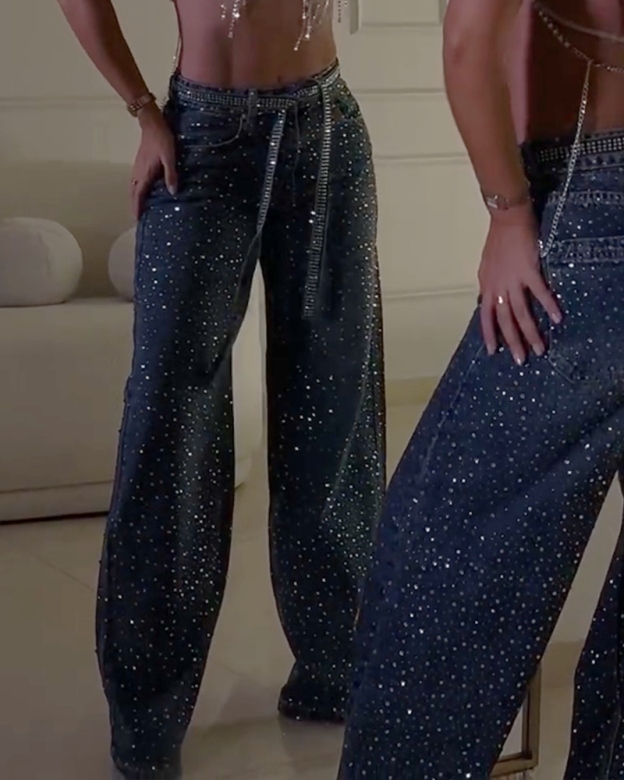 Diamond-Studded Straight-Leg Jeans (Pre-Sale)