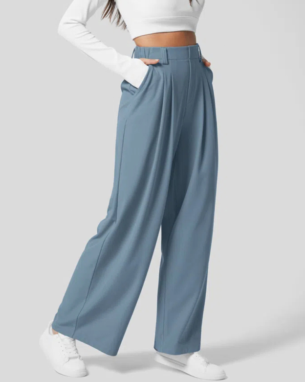 High Waisted Plicated Side Pocket Wide Leg Waffle Work Pants
