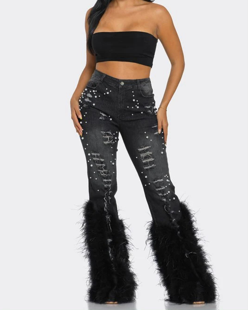 High-Waisted Distressed Pearl-Embellished Feather Jeans