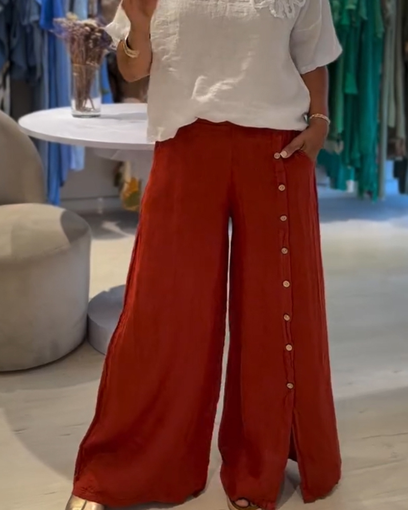 Single Breasted Loose Casual Pants-Curvy-Faja