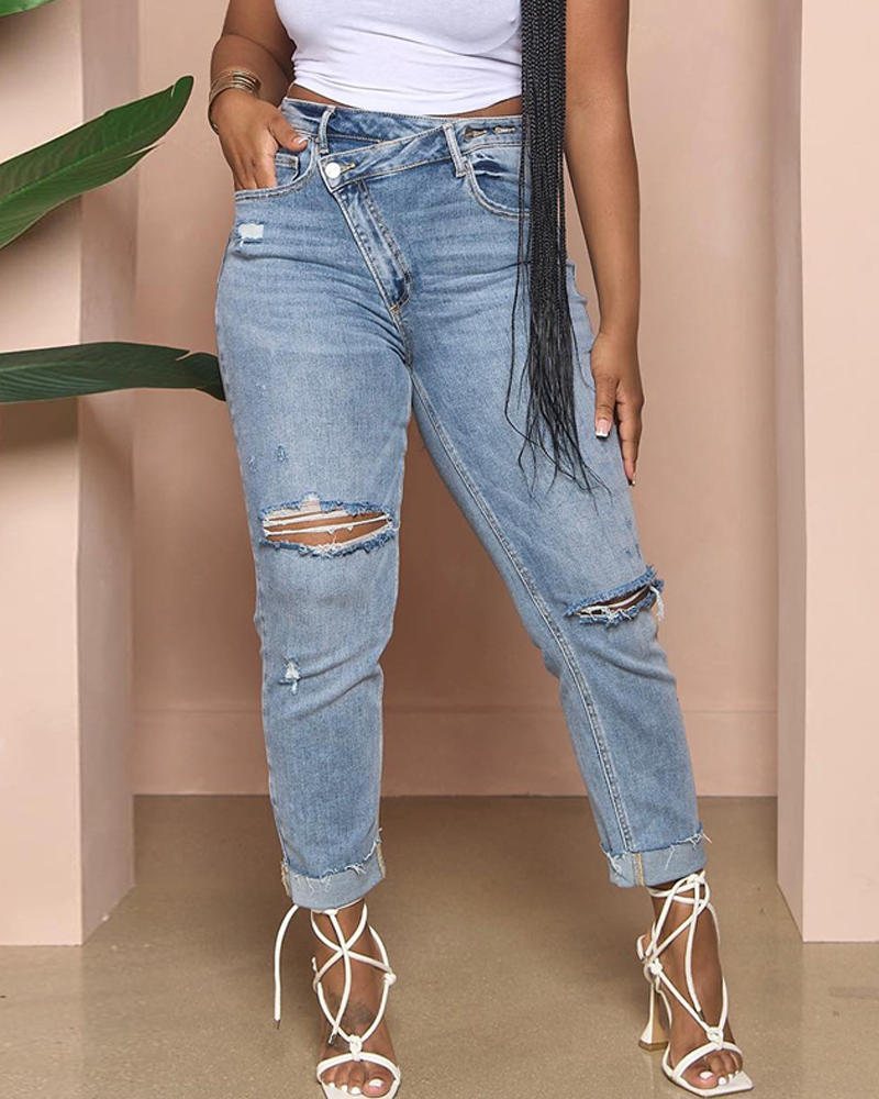 Stretch Ripped High-Waist Jeans-Curvy-Faja