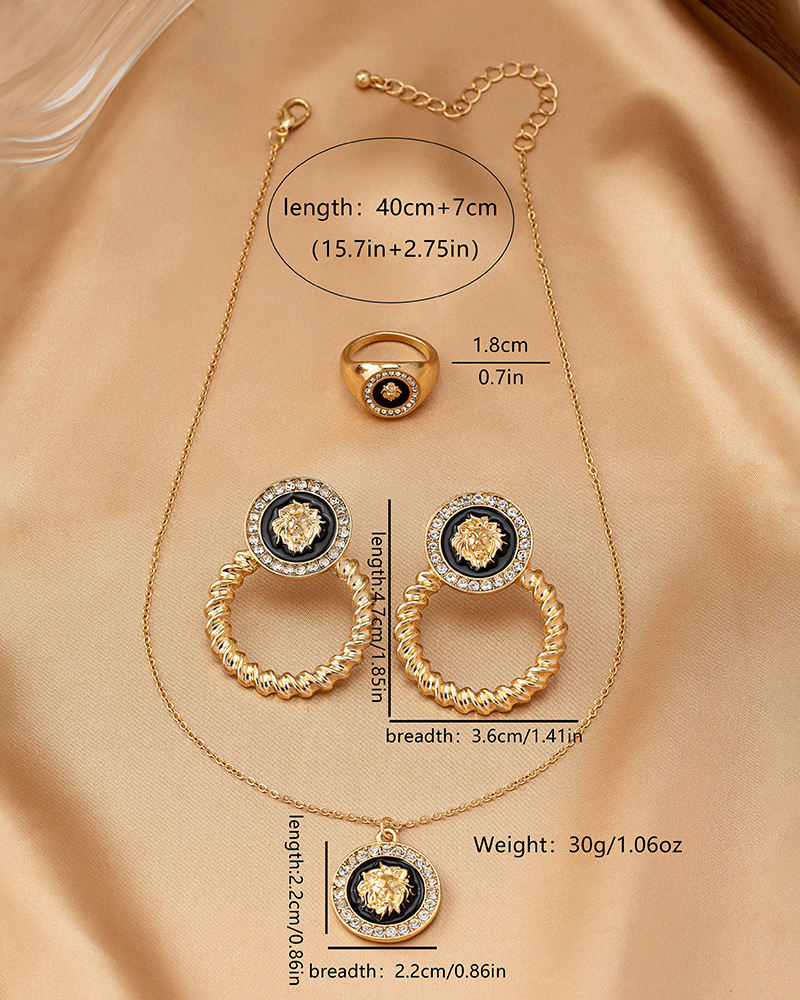 Lion Head Diamond Pendant Necklace Earrings Ring Set-Curvy-Faja