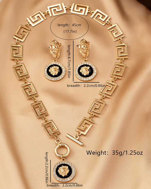 Vintage Lion Head Necklace Earring Set-Curvy-Faja