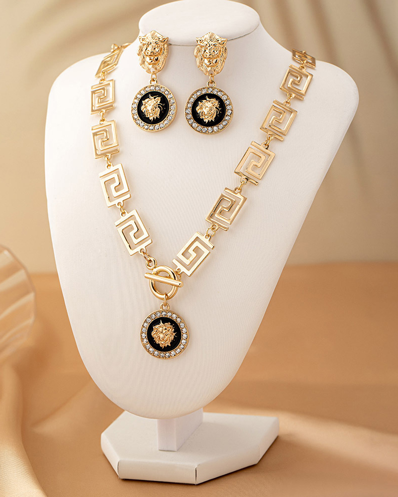 Vintage Lion Head Necklace Earring Set-Curvy-Faja