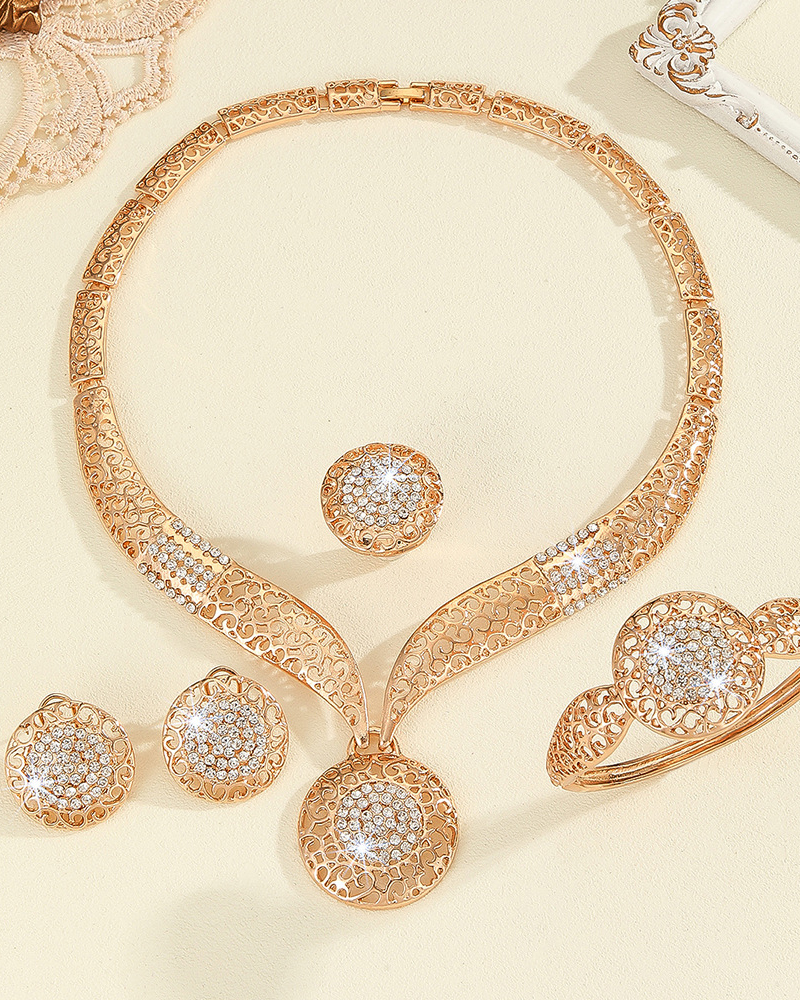Diamond Circle Necklace Earrings Ring Bracelet Four-Piece Set-Curvy-Faja
