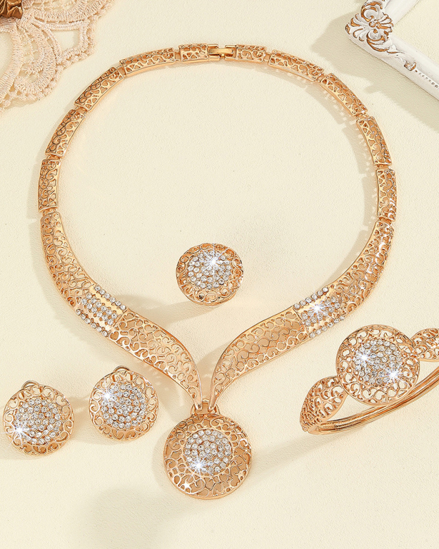 Diamond Circle Necklace Earrings Ring Bracelet Four-Piece Set-Curvy-Faja