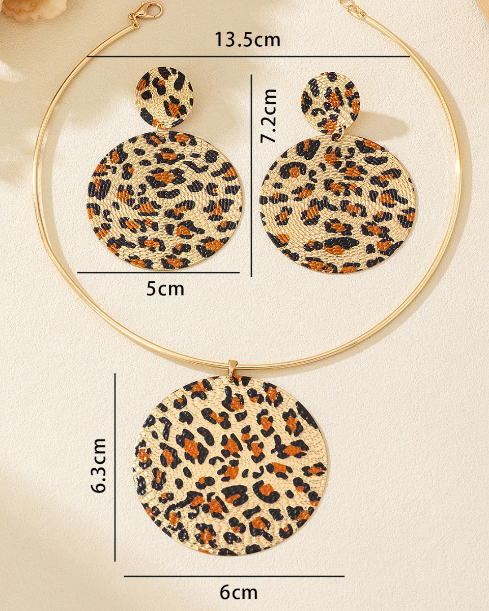 Leopard Print Necklace and Earrings Set-Curvy-Faja