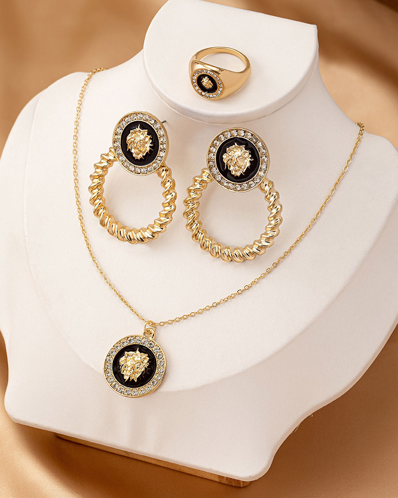 Lion Head Diamond Pendant Necklace Earrings Ring Set-Curvy-Faja