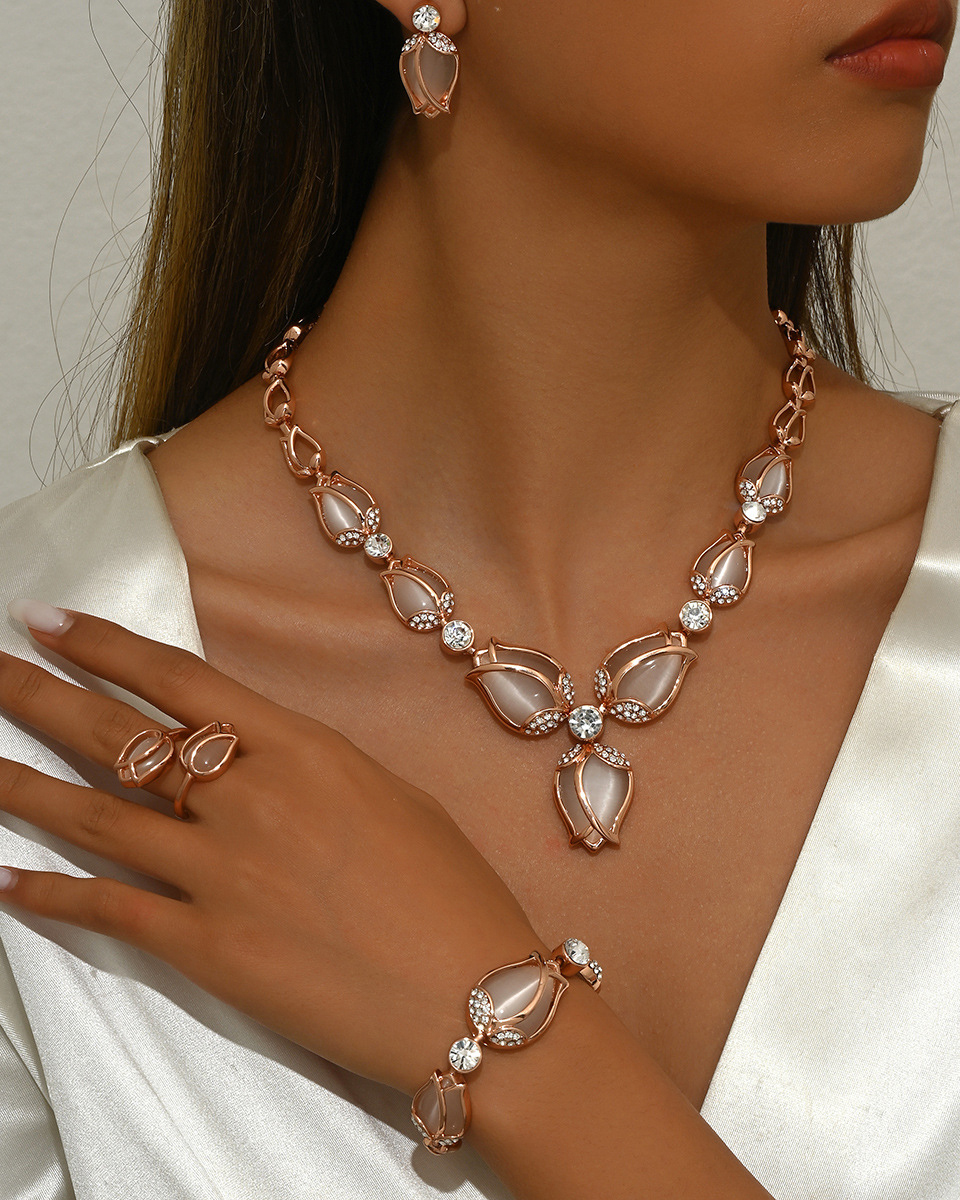 Gold Opal Tulip Necklace Earrings Bracelet Ring 4 Piece Set-Curvy-Faja