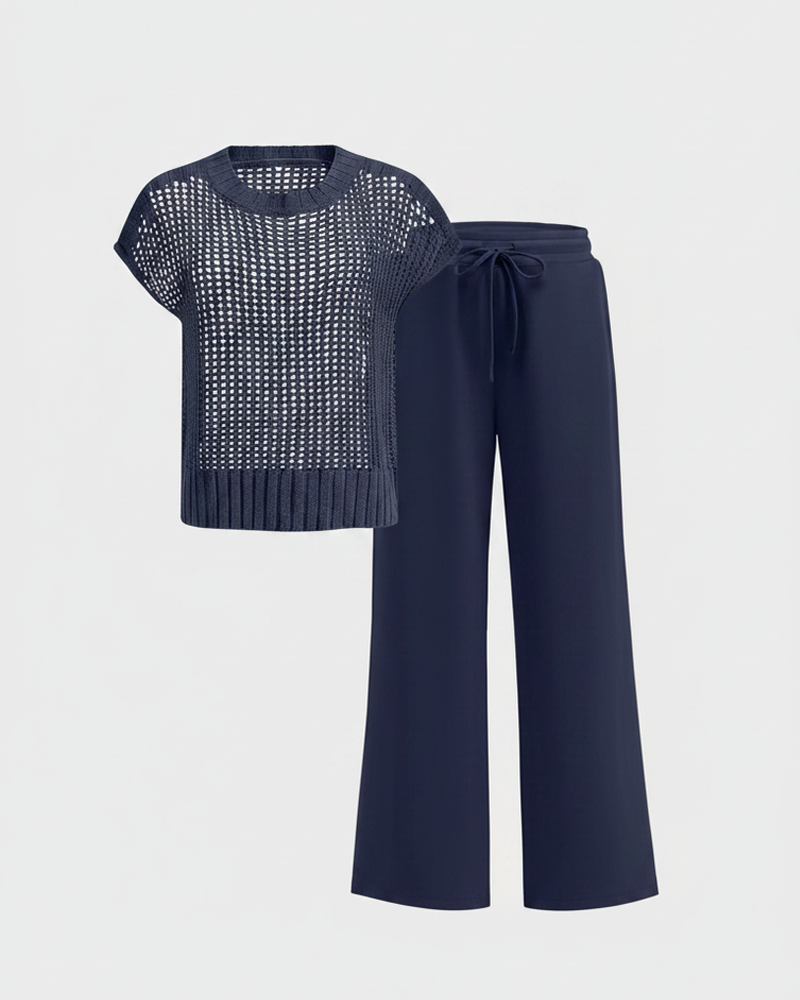 Crochet Knit Tulle Round Neck Short Sleeve Sweater Wide‑Leg Pants Set