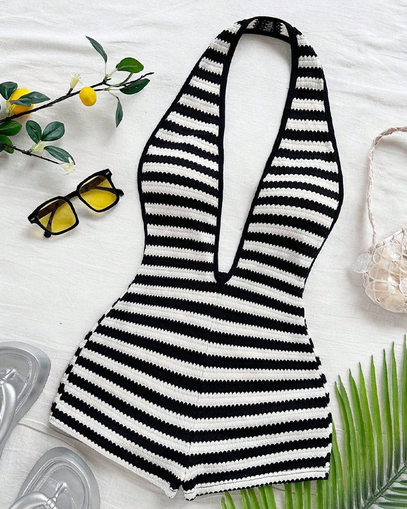 Striped Print Halter Backless Jumpsuit