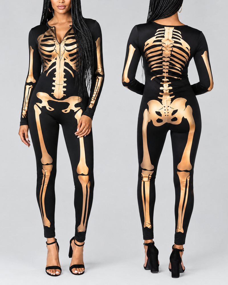 Halloween Skull Print Bodycon Jumpsuit