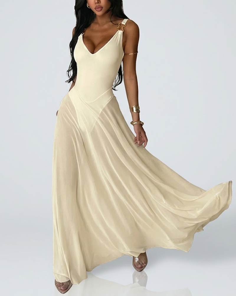 Elegant Sleeveless Deep V Neck Tulle Slip Dress