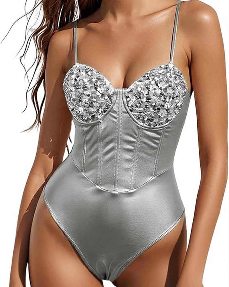 Sequined Halter Fishbone Underwire Bodysuit