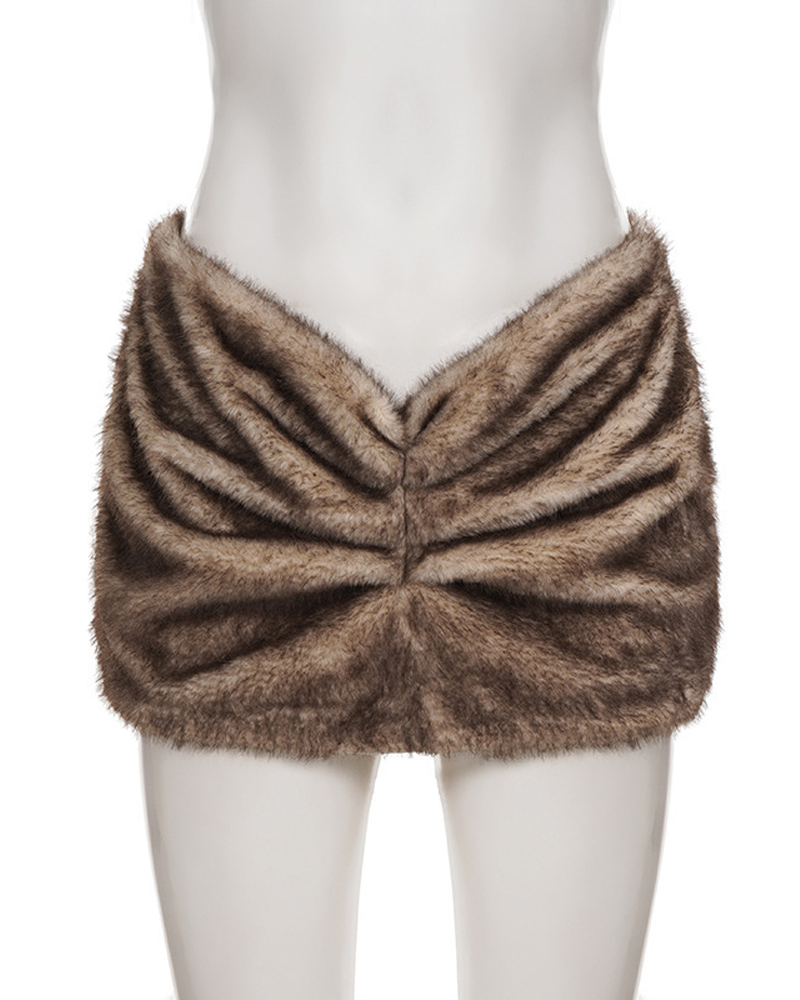 Faux Fur Side Pleats Low-Waisted Sexy Bodycon Skirt