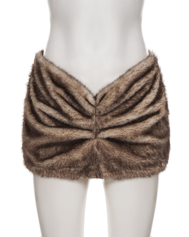 Faux Fur Side Pleats Low-Waisted Sexy Bodycon Skirt