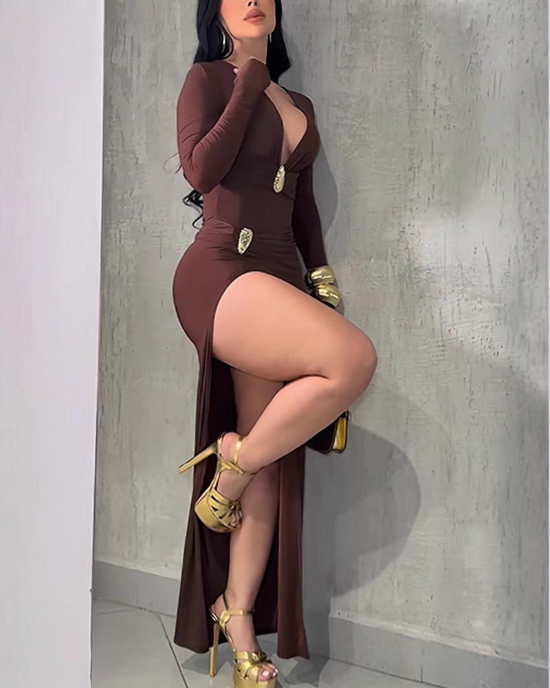 Slit Hem  Figure Hugging Waist Cinching Elegant And Sexy Long Bodycon Dress (Pre-Sale)