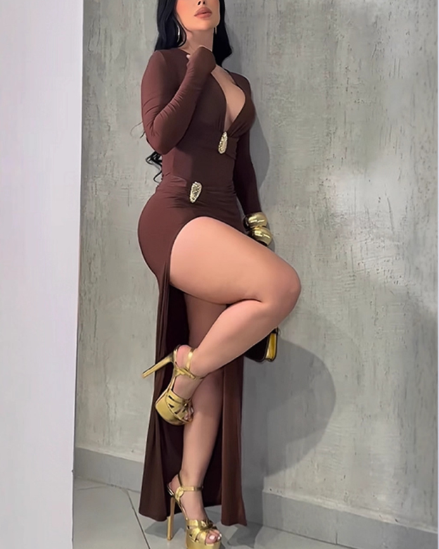 Slit Hem  Figure Hugging Waist Cinching Elegant And Sexy Long Bodycon Dress (Pre-Sale)