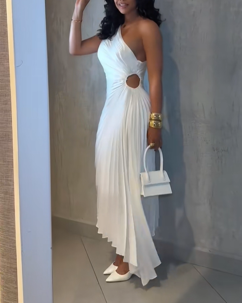 Pleated One Shoulder Asymmetrical Neckline Solid Color Dress