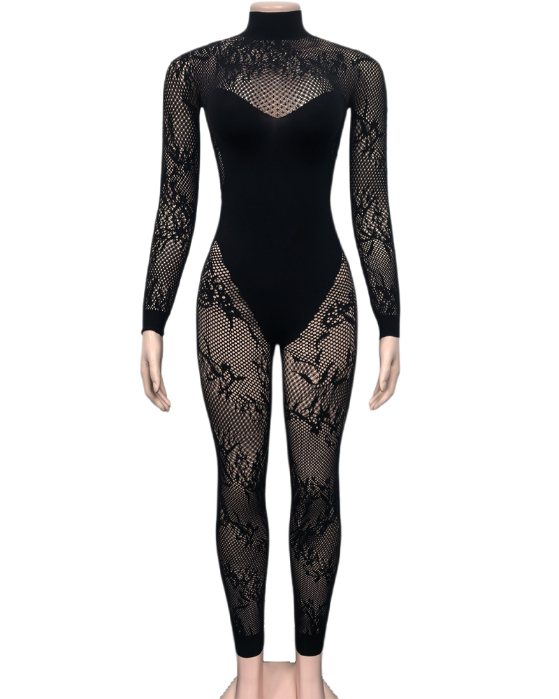 Long-Sleeved Lace Cutout Black Bodysuit