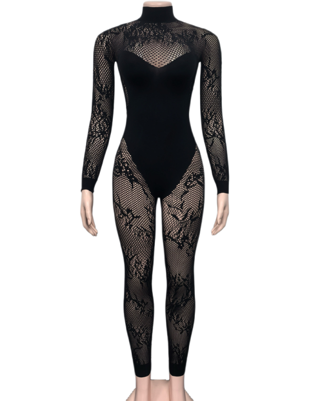 Long-Sleeved Lace Cutout Black Bodysuit