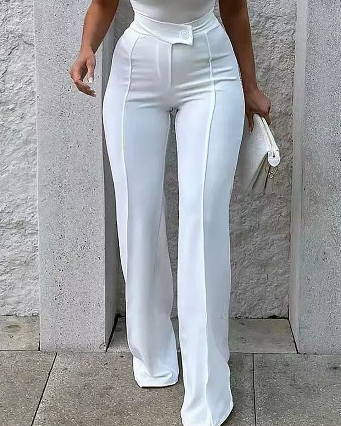 Fashionable White High-Waist Straight Pants-Curvy-Faja