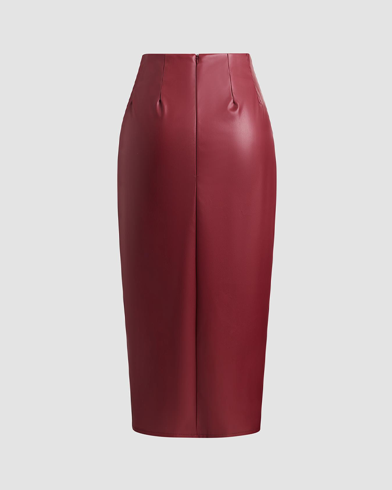 Pleated Drawstring PU High-Waisted Slit Midi Skirt