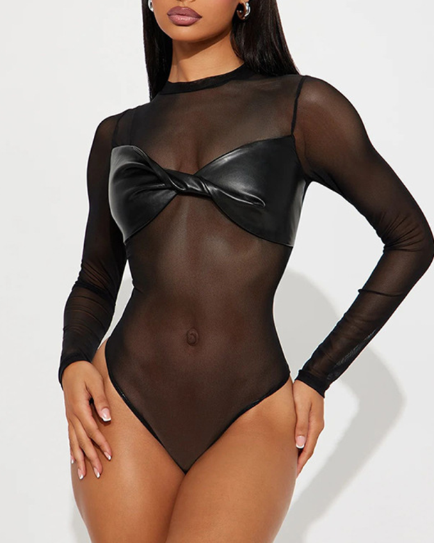 Sexy Mesh PU Leather Long-Sleeved Slim Fit Bodysuit