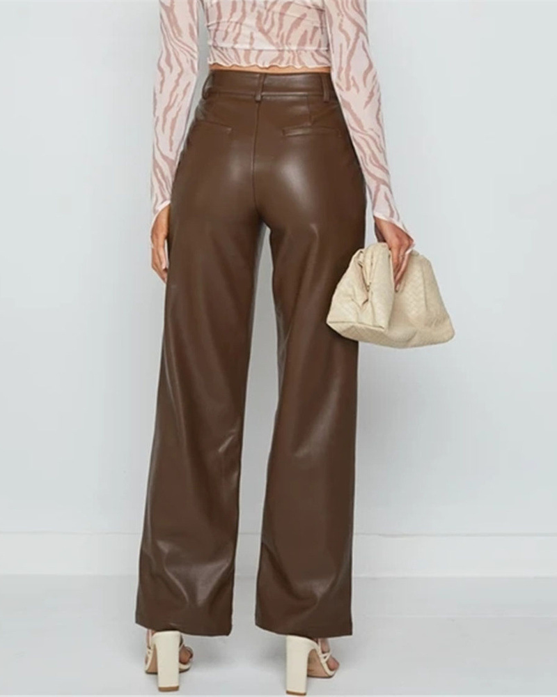 Casual High-Waisted Straight-Leg PU Leather Pants