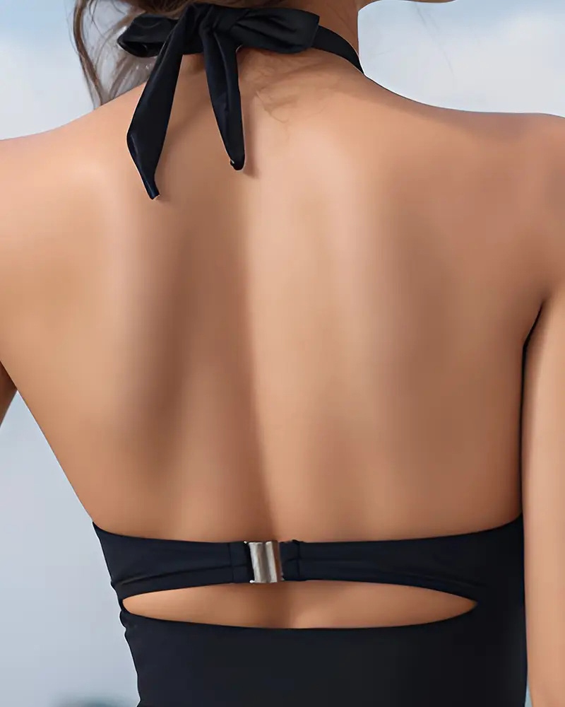 Deep V Cutout Ruched One Piece Swimsuit with Crisscross Open Back