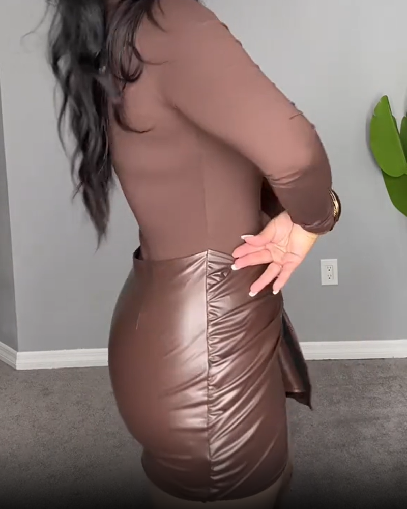 Patchwork Knotted Side Ruched Long-Sleeved Mini Dress