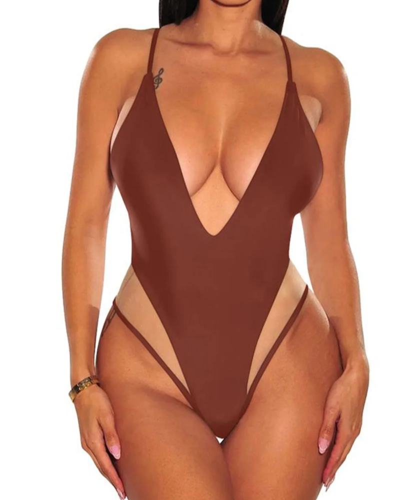 Black Mesh Nude Illusion Spaghetti Strap Deep V Neck Swimsuit