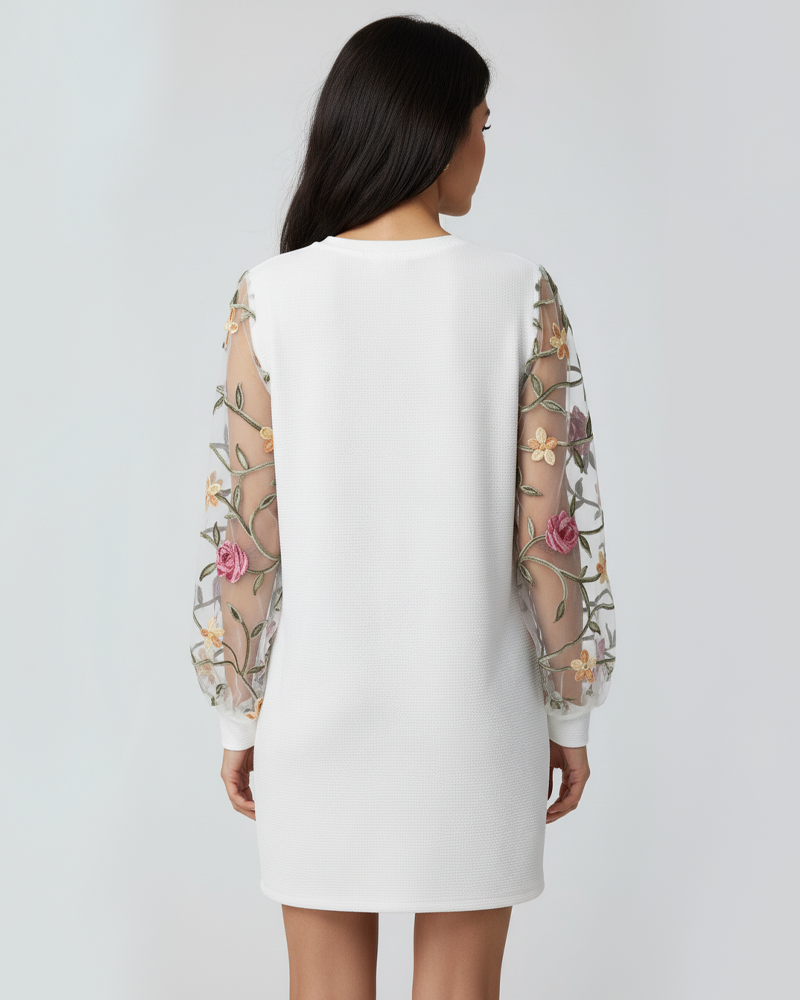 Women Floral Embroidery Mesh Lantern Sleeve Dress