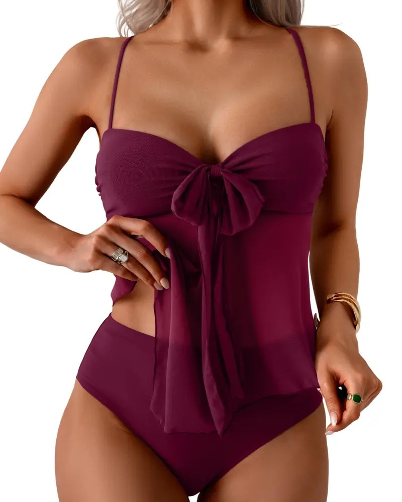 Tummy Control Mesh High Waist Tankini 2-Piece Swimsuit