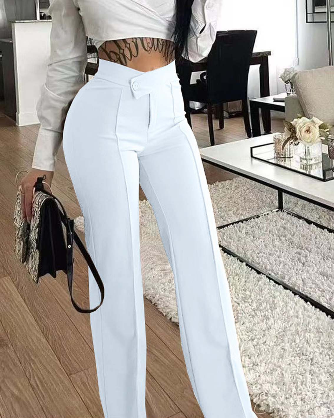 Fashionable White High-Waist Straight Pants-Curvy-Faja