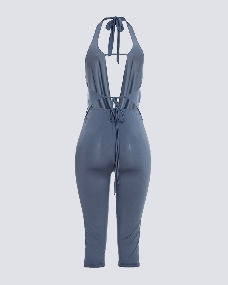 Halter Cowl Neck Deep Open Back Tie‑Up Capri Jumpsuit
