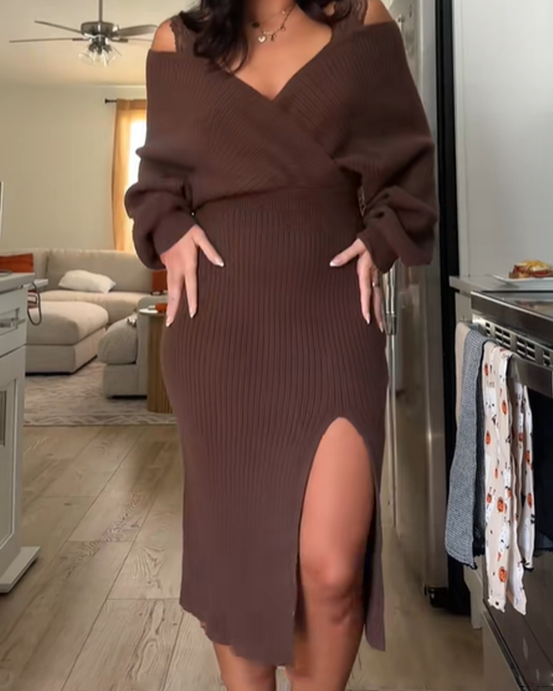 Knit Off-Shoulder Wrap Lace Split Midi Dress（Pre-sale）
