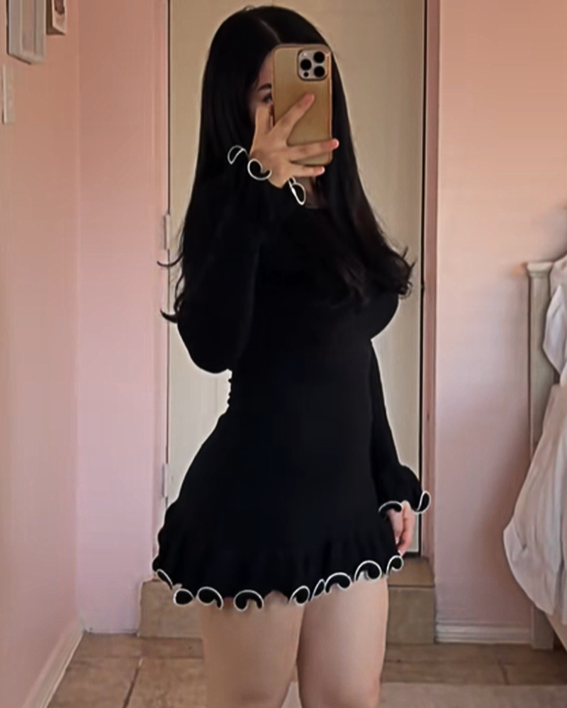 Solid Color Round Neck Long Sleeve Slim Fit Ruffle Dress