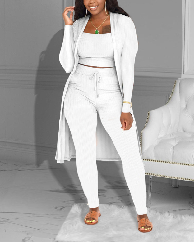 Casual Knitted Long Cardigan Vest And Pants Three Piece Set