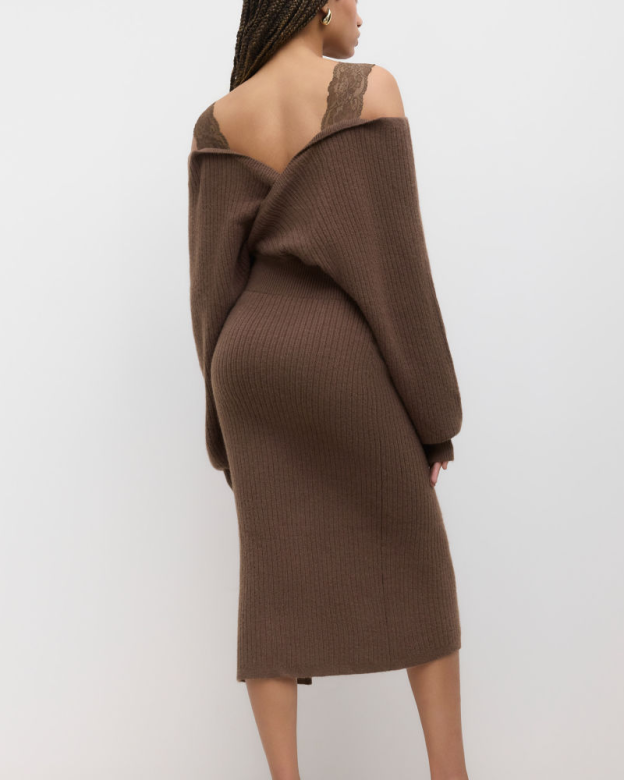 Knit Off-Shoulder Wrap Lace Split Midi Dress（Pre-sale）