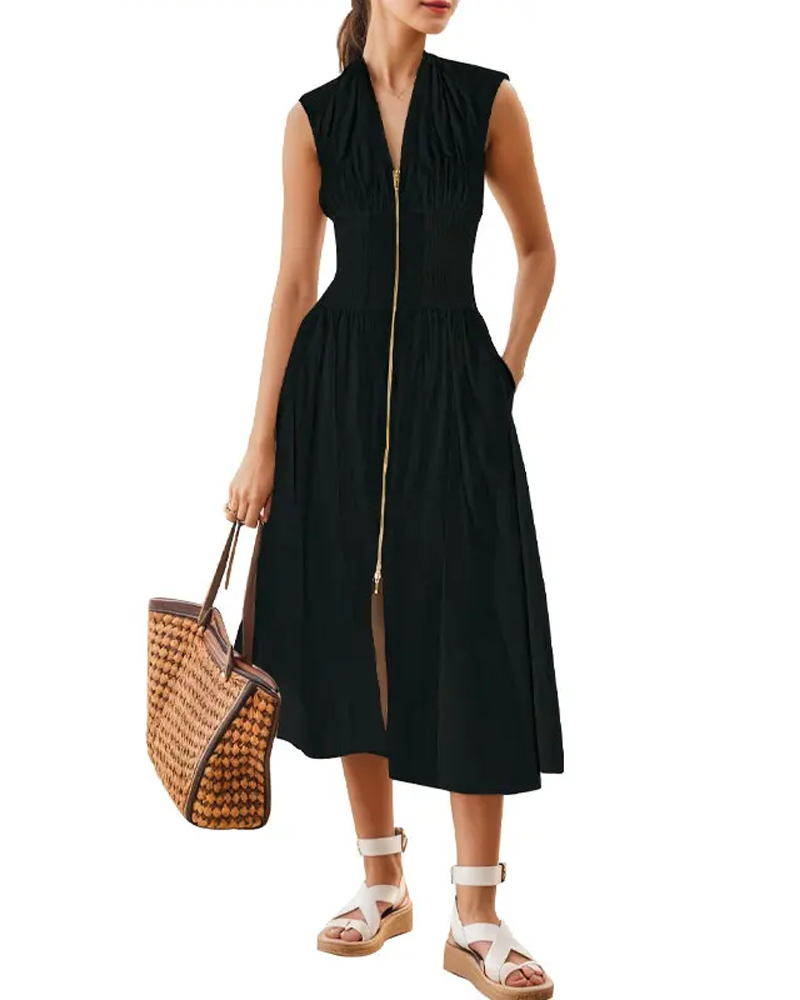 V-Neck Sleeveless Ruched High Slit Zipper Maxi Dress