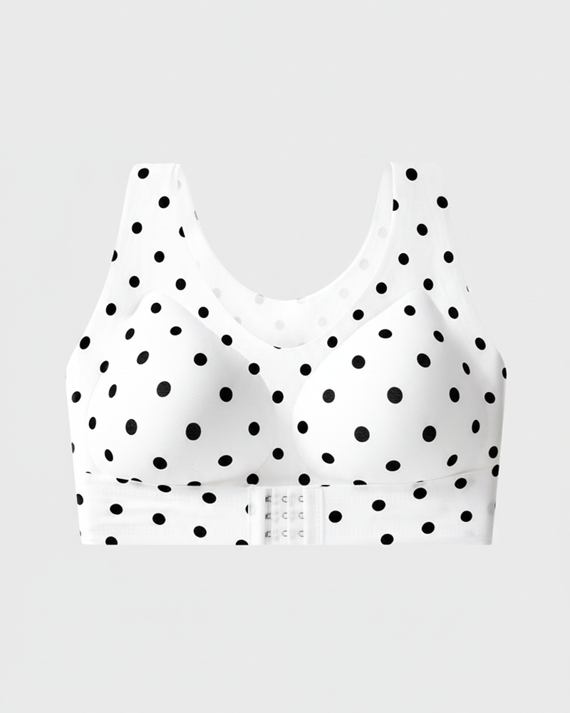 Vest Style Front Closure Wire-Free Leopard Polka Dot Push-Up Shaping Back Support Bra