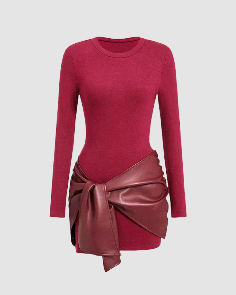 Patchwork Knotted Side Ruched Long-Sleeved Mini Dress