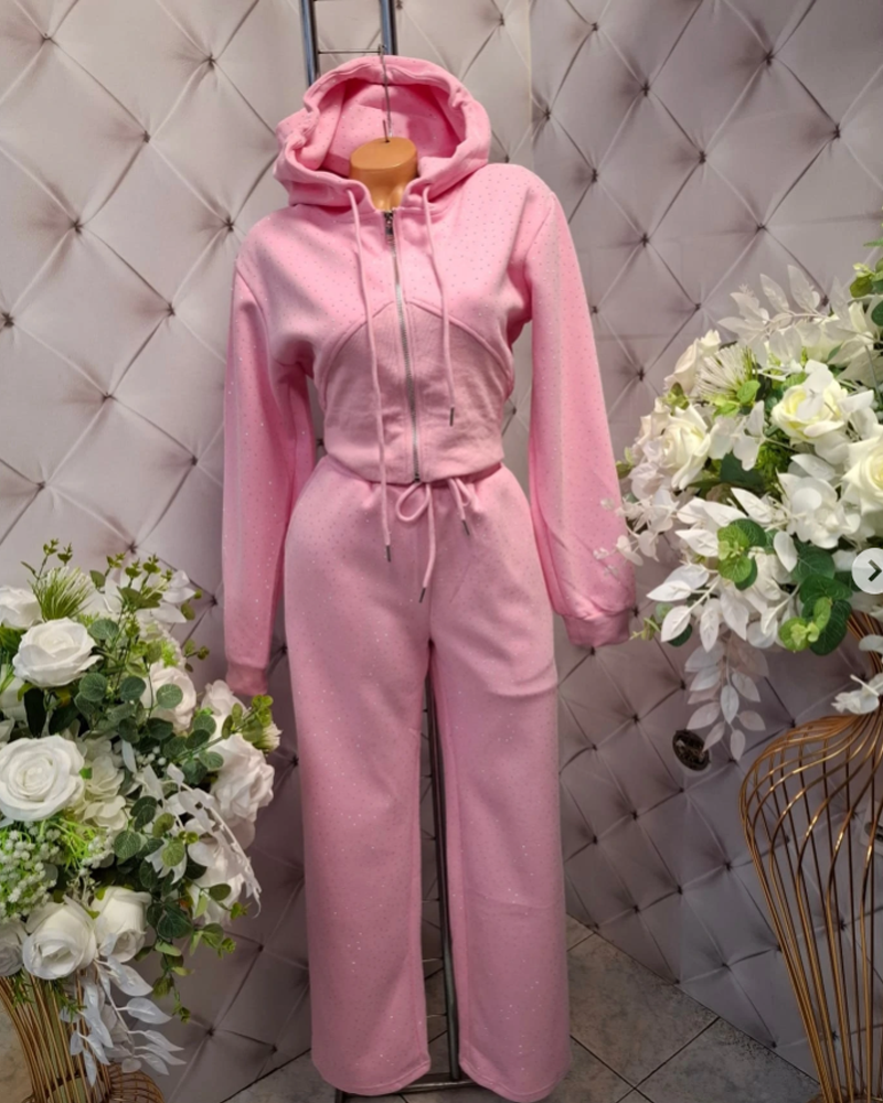 Casual Sporty Rhinestone Hooded Sweatshirt And Pants Two-Piece Set (Pre-Sale)