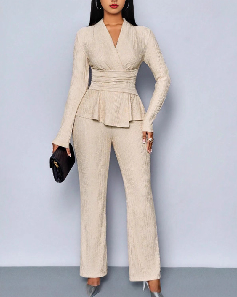 Stylish And Elegant V Neck Fitted Waist Long Sleeved Trouser Suit