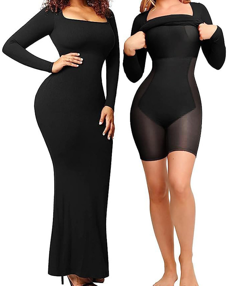 Long-Sleeved Dress In Two-In-One Waist-Cinching Hip-Lifting And Tummy-Slimming Shapewear
