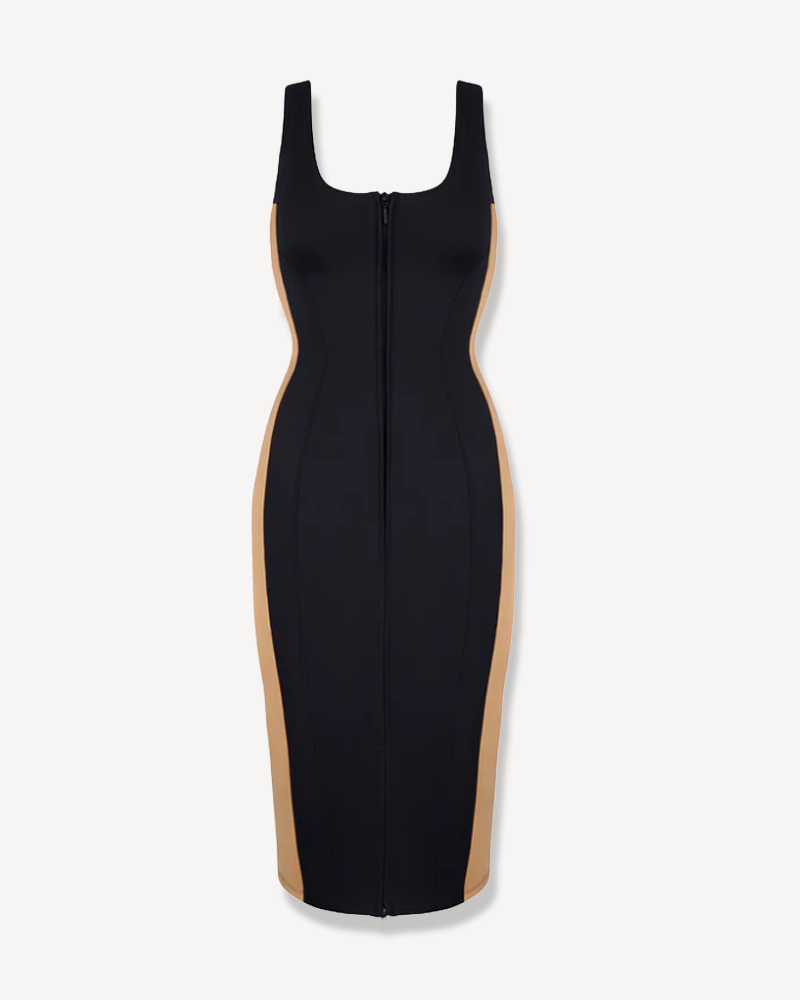 Front Zip Sculpting Midi Dress with Built-In Bra & Lace-Up Back（Pre-Sale）