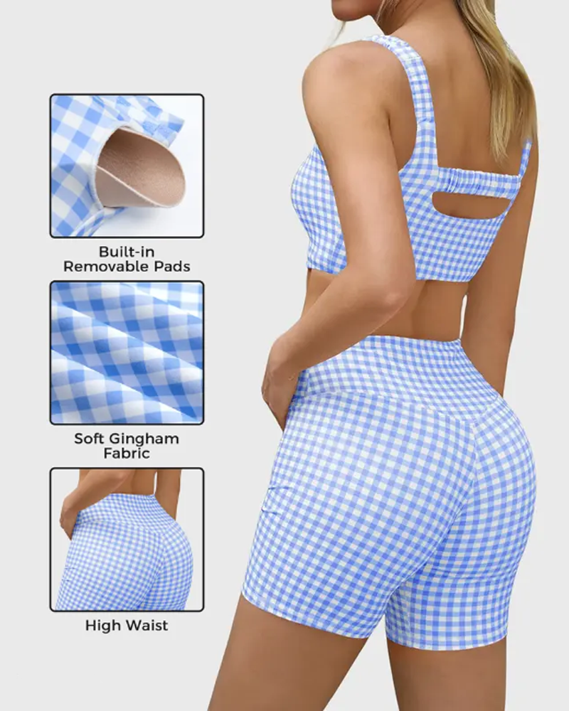 Backless Crop Tank Top + High‑Waist Seamless Shorts Plaid Workout Set（Pre‑Sale）