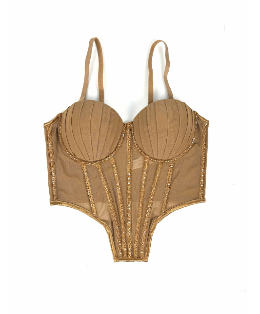 Mesh Camisole With Padded Bra Rhinestone Boning Shaping Bra